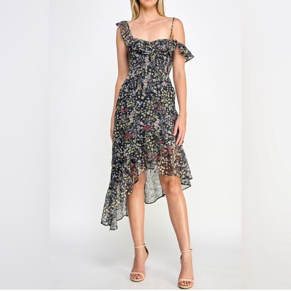 Floral Asymmetrical Black Dress